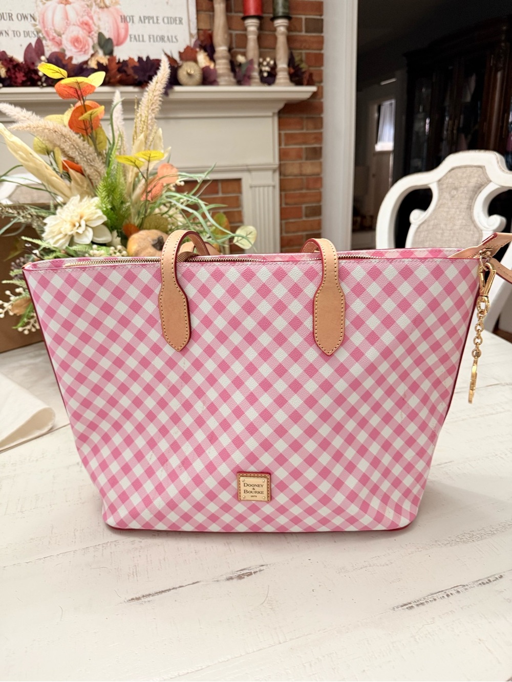 Dooney & Bourke Pink Gingham Tote with Tan Trim